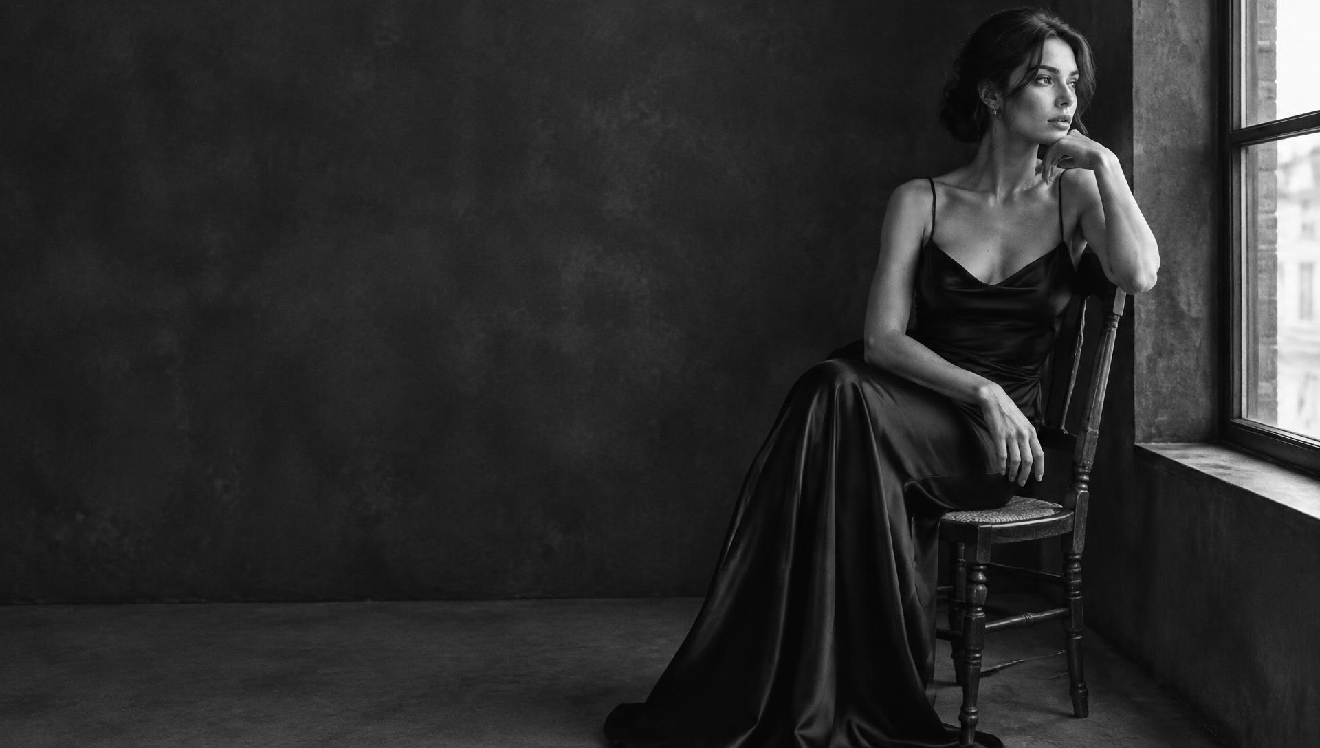 Fine art black and white portrait of a woman in a silk dress by a studio window